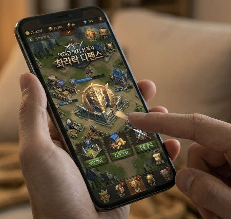 모바일로 촤라락 디펜스 영지 관리하는 모습