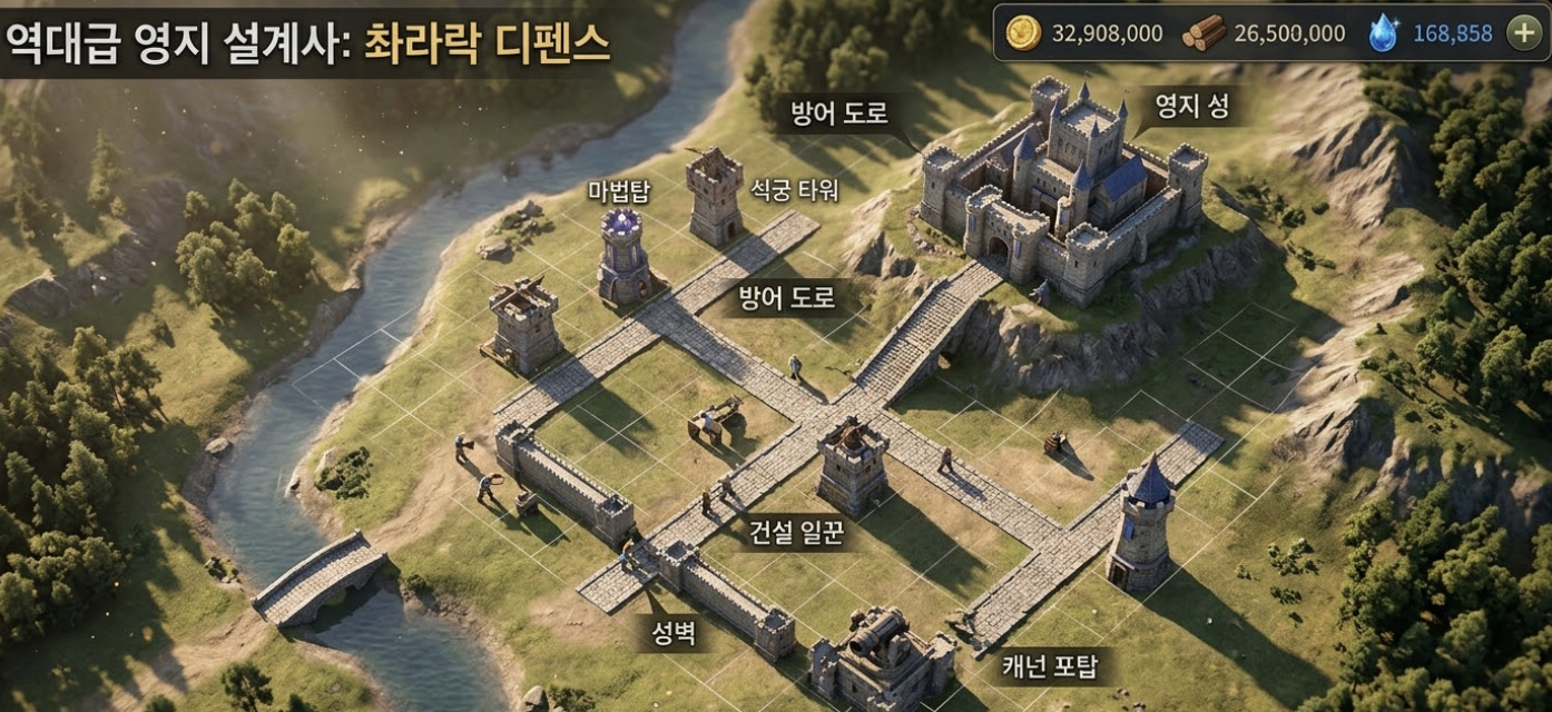 촤라락 디펜스 영지 설계 및 배치 화면