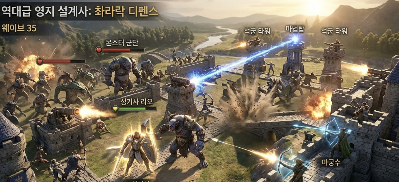 촤라락 디펜스 전투 장면 영웅과 타워 조합