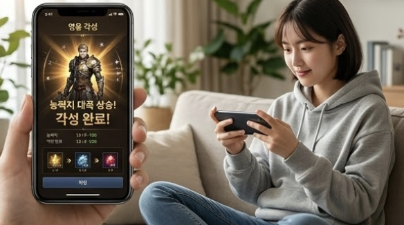 DX 각성자들 모바일 플레이 성장 관리 화면