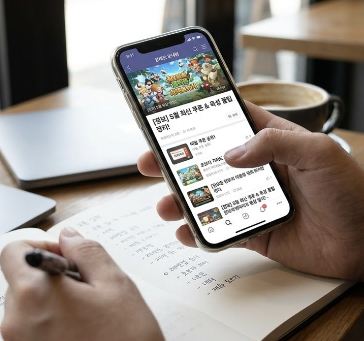 미송자의 노래 쿠폰 정보를 커뮤니티에서 확인하는 모습