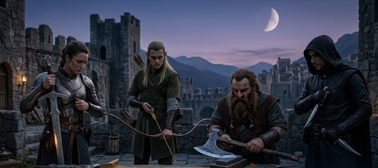 대체 텍스트: 미송자의 노래 게임 캐릭터 조합과 전투 준비 장면