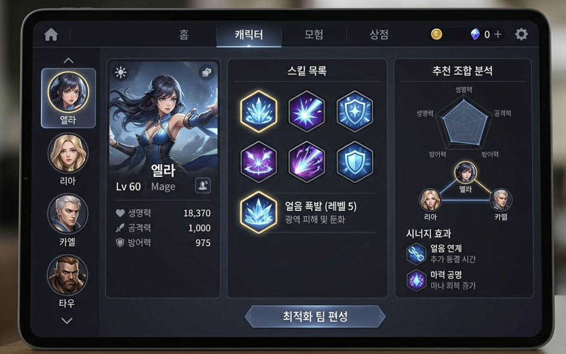 미송자의 노래 조합 전략과 스킬 구성 화면