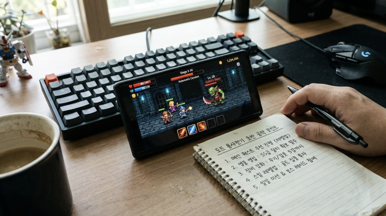 미송자의 노래 후기 도트 그래픽 전투 화면과 영웅 조합 예시