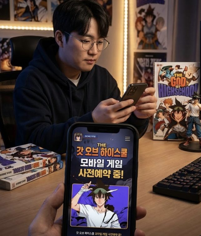 갓오브하이스쿨 체인지 후기와 출시 기대감을 확인하는 모바일 게임 팬의 모습