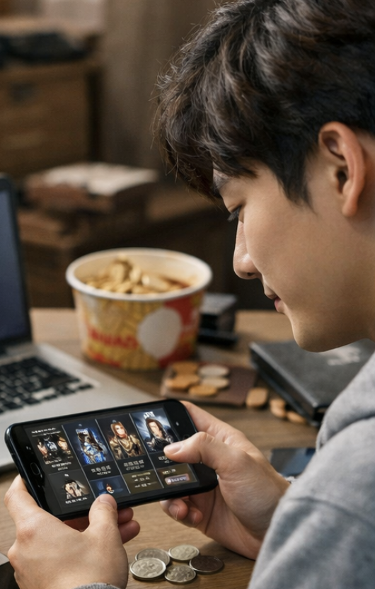 갓오브하이스쿨 체인지 공략에서 무과금 소과금 유저의 자원 관리와 성장 루트를 보여주는 실사형 이미지