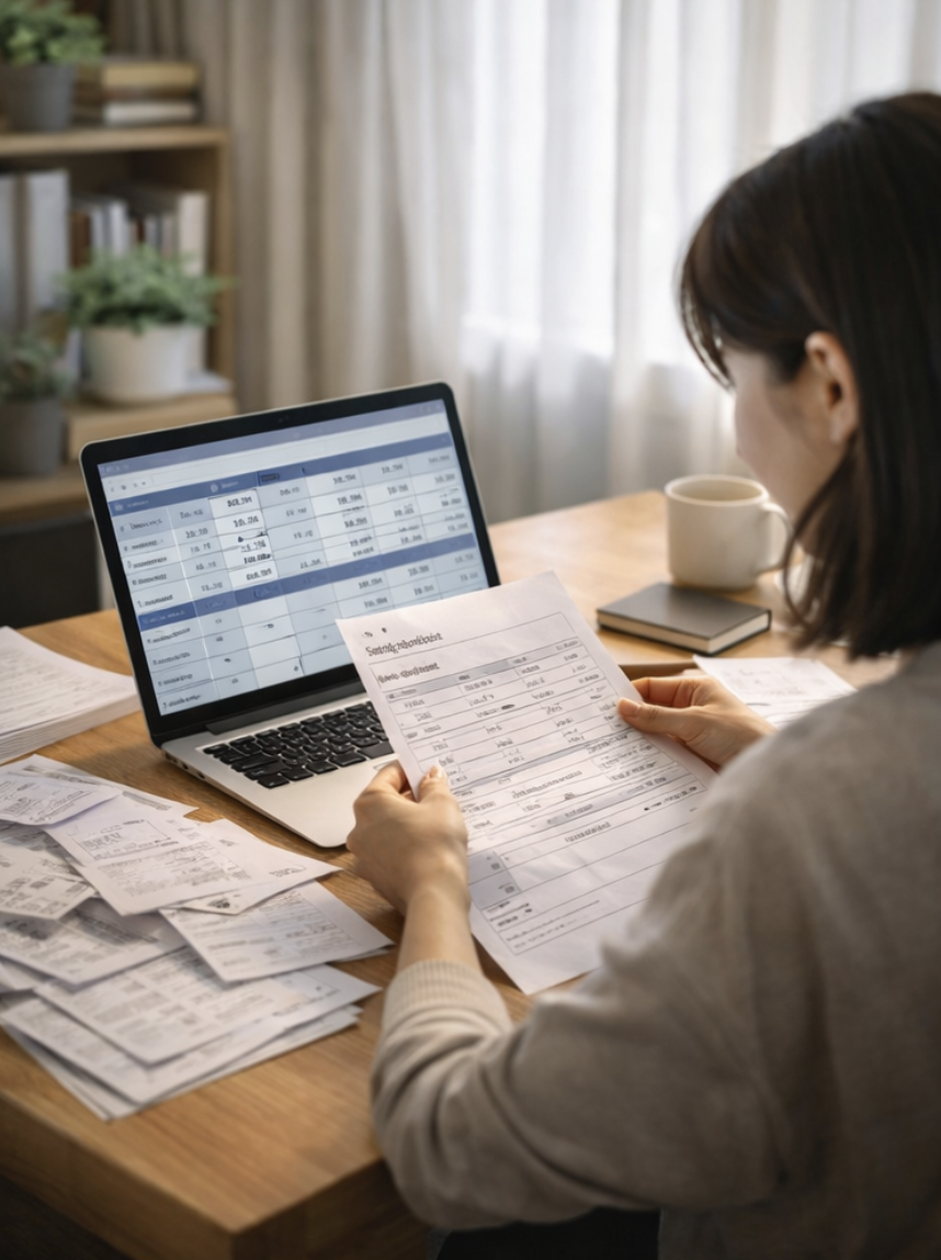 종합소득세 신고 준비를 위해 서류를 정리하는 프리랜서