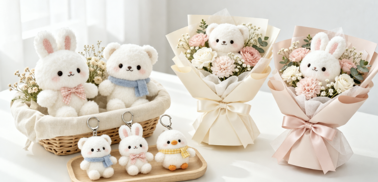 시나모롤 인형과 시나모롤 인형 키링을 비교하는 진열 장면