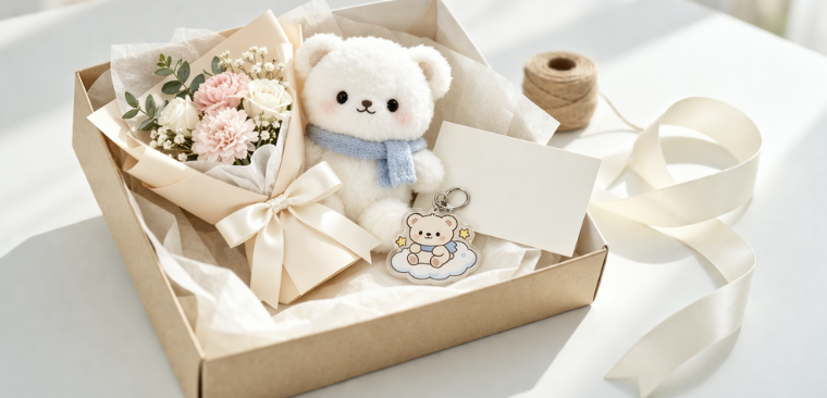 시나모롤 인형 꽃다발과 시나모롤 키링을 선물용으로 비교하는 분위기