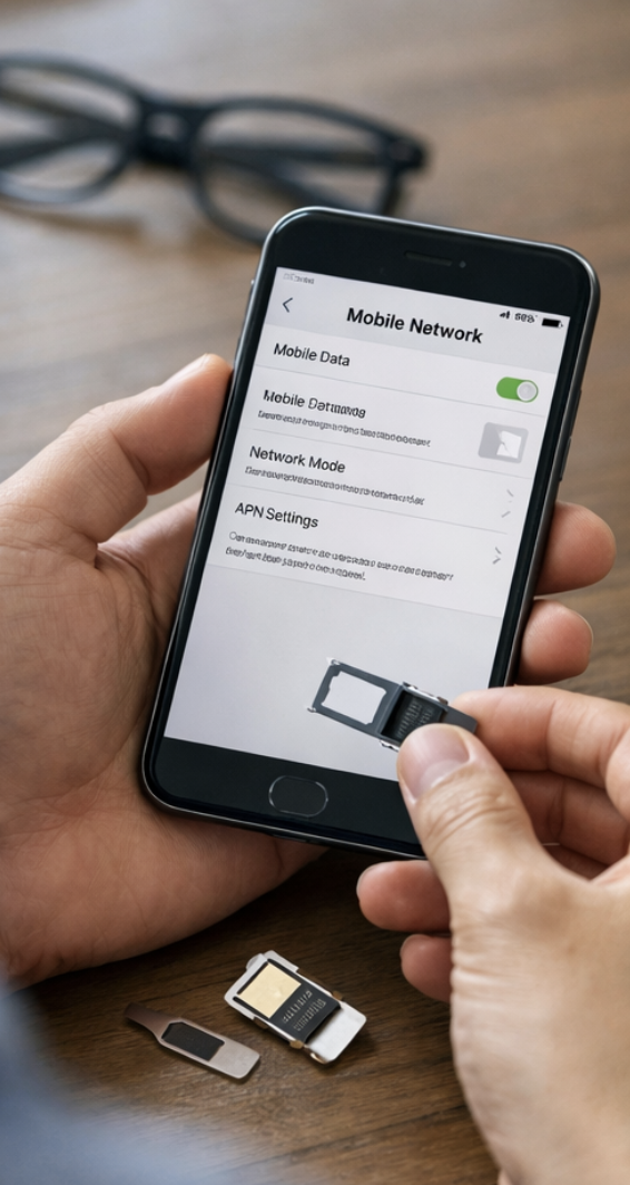 알뜰폰 통신사 조회 방법을 확인하려고 휴대폰 설정과 유심을 함께 보는 사람