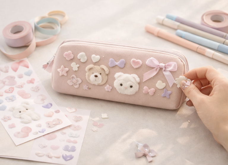 시나모롤 필통 꾸미기 분위기를 참고할 수 있는 파스텔톤 필통 데스크