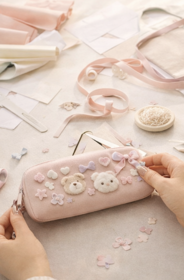 시나모롤 가방 만들기를 준비하는 듯한 원단과 패턴 작업대