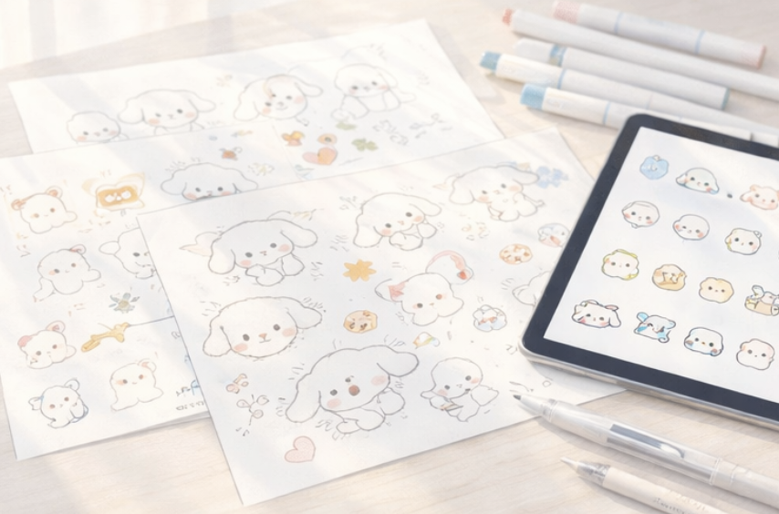 시나모롤 도안과 시나모롤 도안 만들기 과정을 정리하는 작업 공간