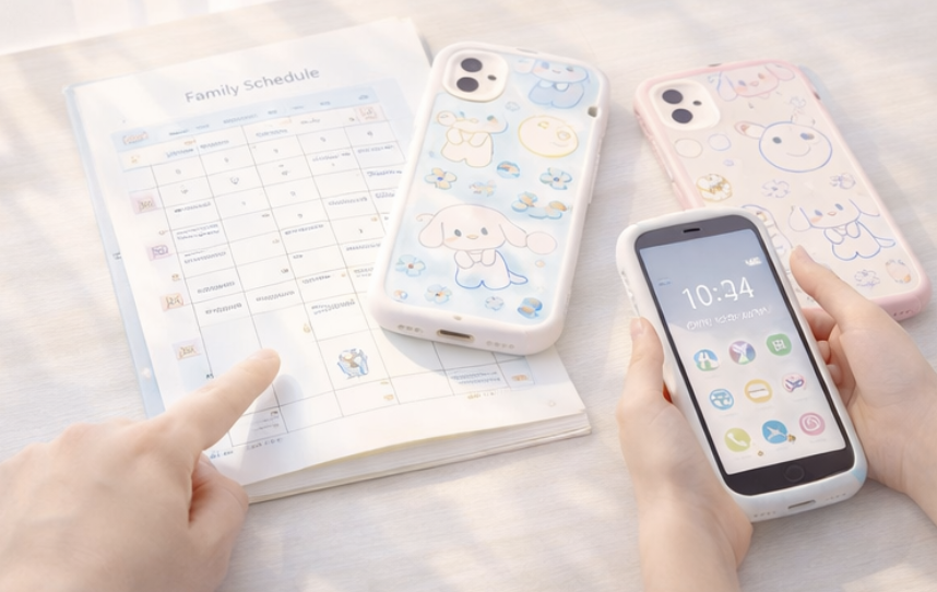 시나모롤 키즈폰과 시나모롤 키즈폰 케이스를 부모와 함께 비교