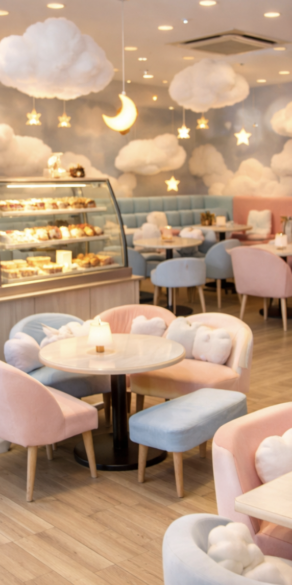오사카 시나모롤 카페 분위기를 떠올리게 하는 파스텔 톤 카페 내부와 포토존