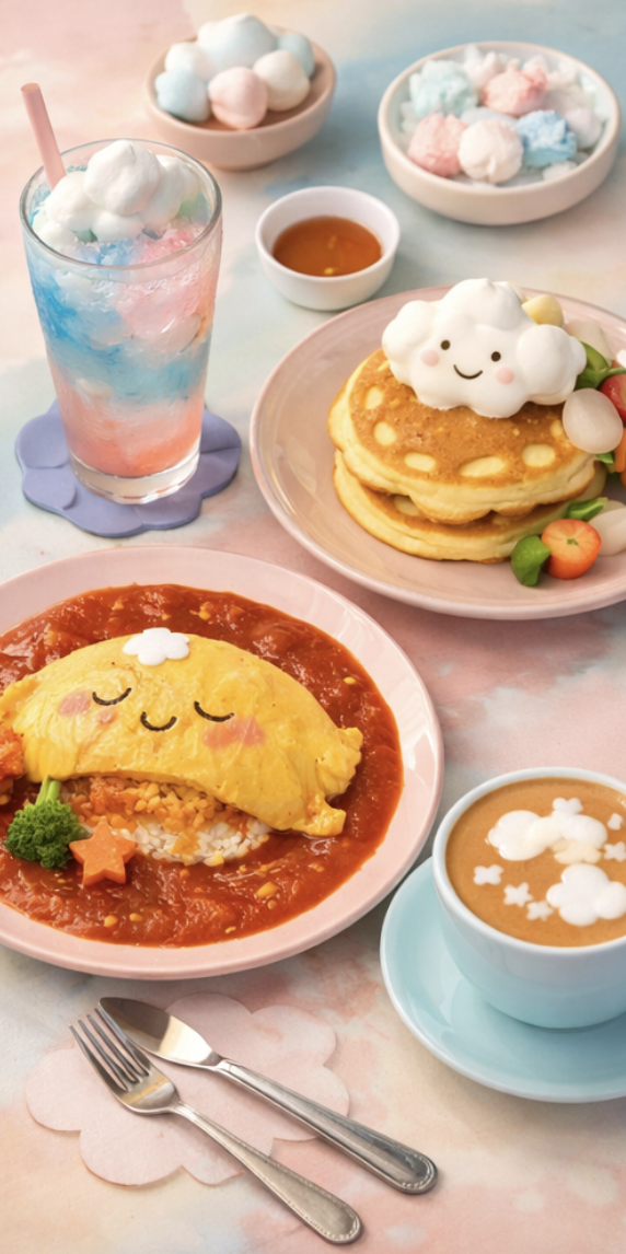 오사카 시나모롤 카페 메뉴를 떠올리게 하는 디저트와 라떼 아트 이미지