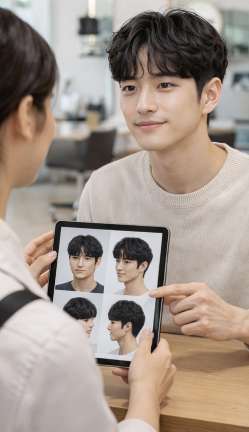 남자 시스루 쉐도우펌 얼굴형과 기장 균형이 드러나는 스타일