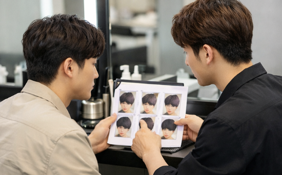 시스루 쉐도우펌 가격 비교를 위해 미용실 상담 중인 남성