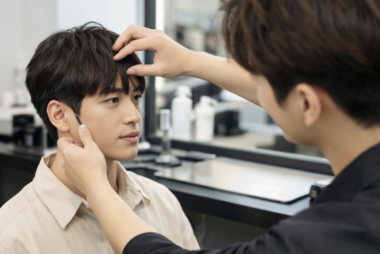 시스루 댄디펌 손질 전 방향을 잡아보는 모습