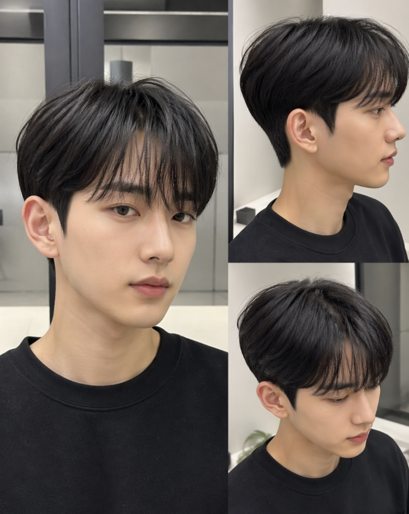 남자 시스루컷 옆머리가 자연스럽게 눌리고 앞머리와 균형을 이루는 헤어스타일