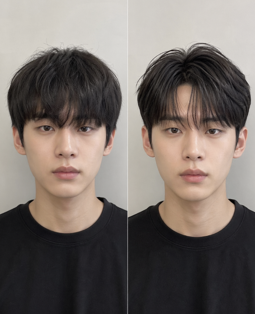 시스루펌 선택에서 앞머리 기장과 옆머리 균형이 맞지 않아 어색해 보일 수 있는 비교용 헤어
