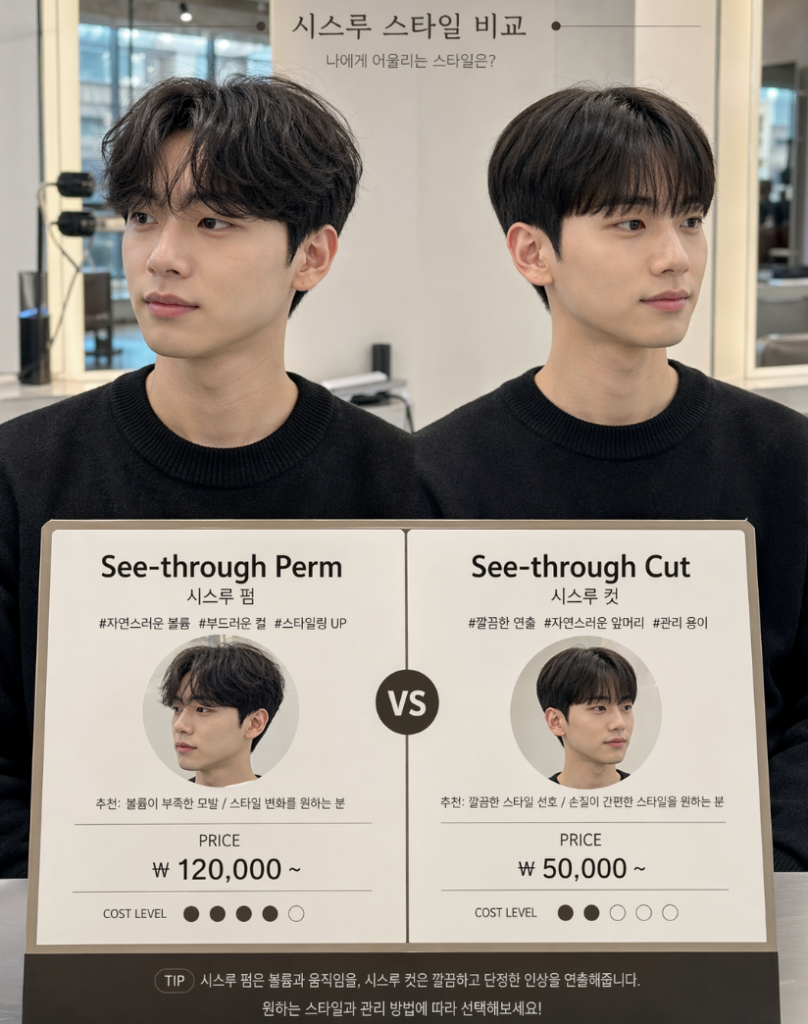 시스루펌 가격과 시스루컷 가격을 비교하며 앞머리 기장과 균형을 체크