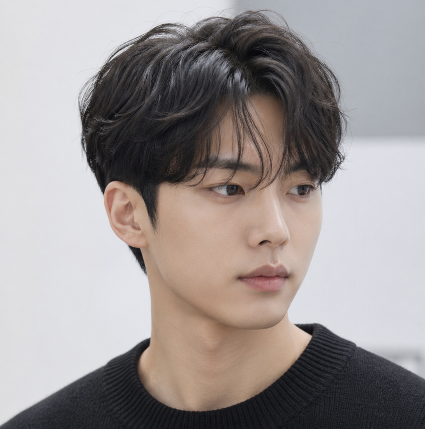 남자 시스루 애즈펌의 앞머리 비침과 자연스러운 가르마 흐름이 함께 보이는 헤어스타일