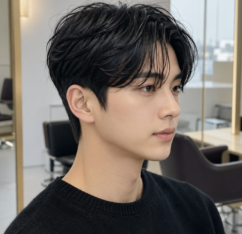 시스루 애즈펌 아이롱펌에서 옆머리와 앞머리의 균형이 자연스럽게 연결된 남자 헤어