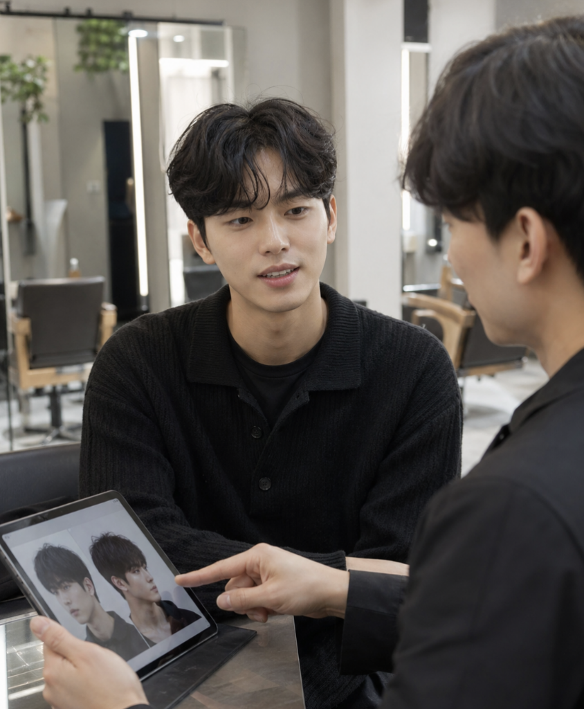 시스루 애즈펌 선택에서 앞머리 기장과 가르마 비율 차이를 비교하는 자연스러운 헤어