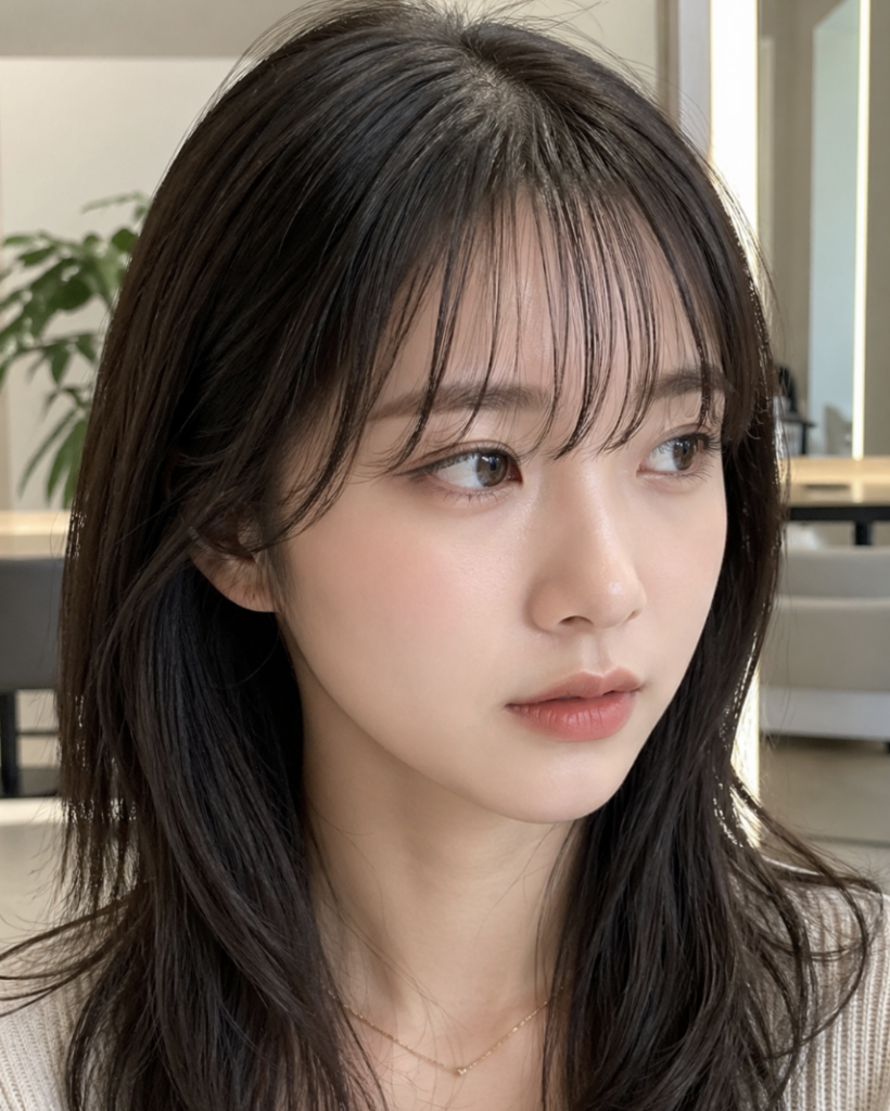 시스루 앞머리와 옆머리가 자연스럽게 이어지는 균형감 있는 헤어라인