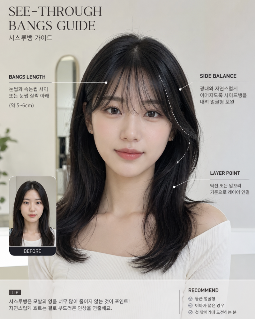 자연스러운 볼륨이 들어간 시스루뱅 앞머리 펌 스타일