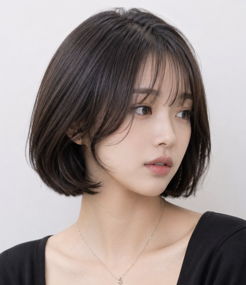 단발 시스루뱅 앞머리와 사이드뱅 라인이 함께 보이는 자연스러운 헤어스타일