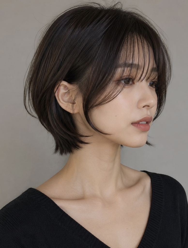 단발 레이어드컷에 시스루뱅과 사이드뱅이 더해진 가벼운 질감의 헤어스타일