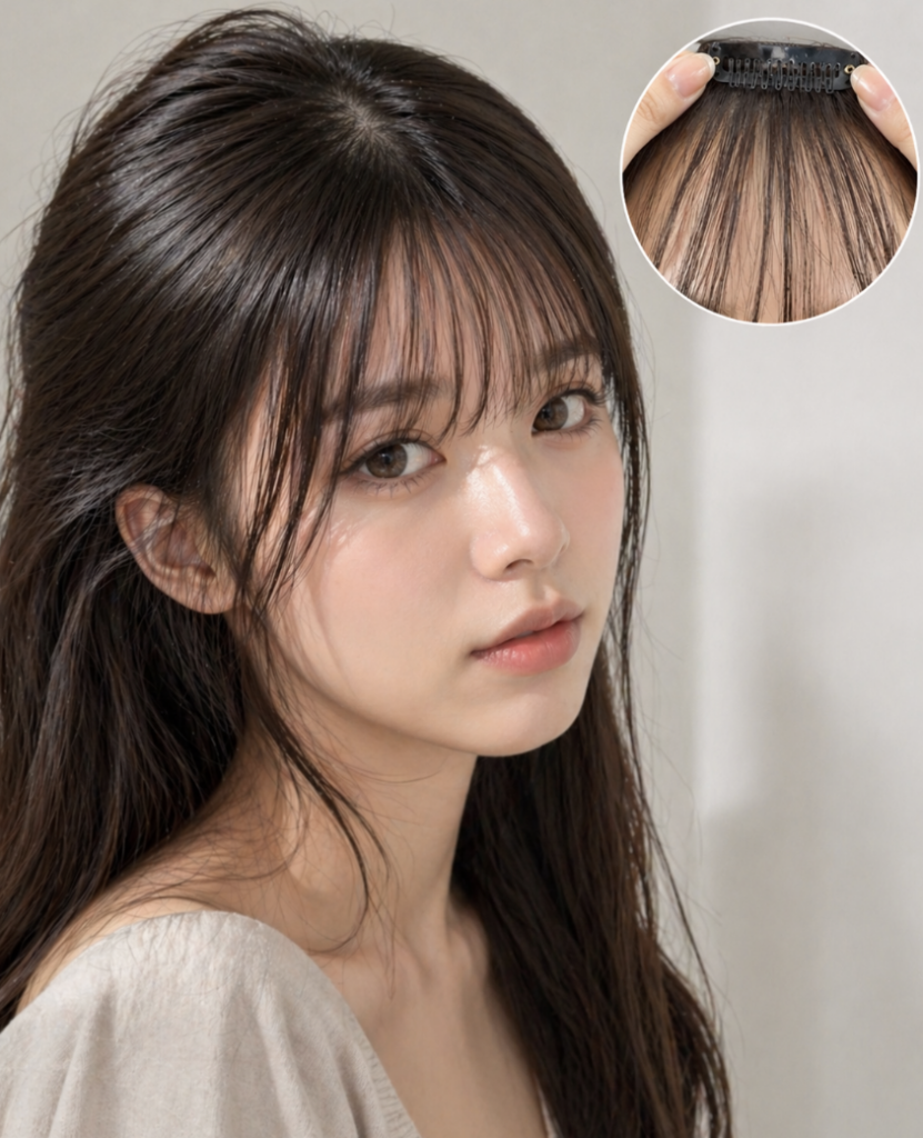 시스루뱅 앞머리 가발을 자연스럽게 착용한 모습과 이마가 은은하게 비치는 앞머리 질감