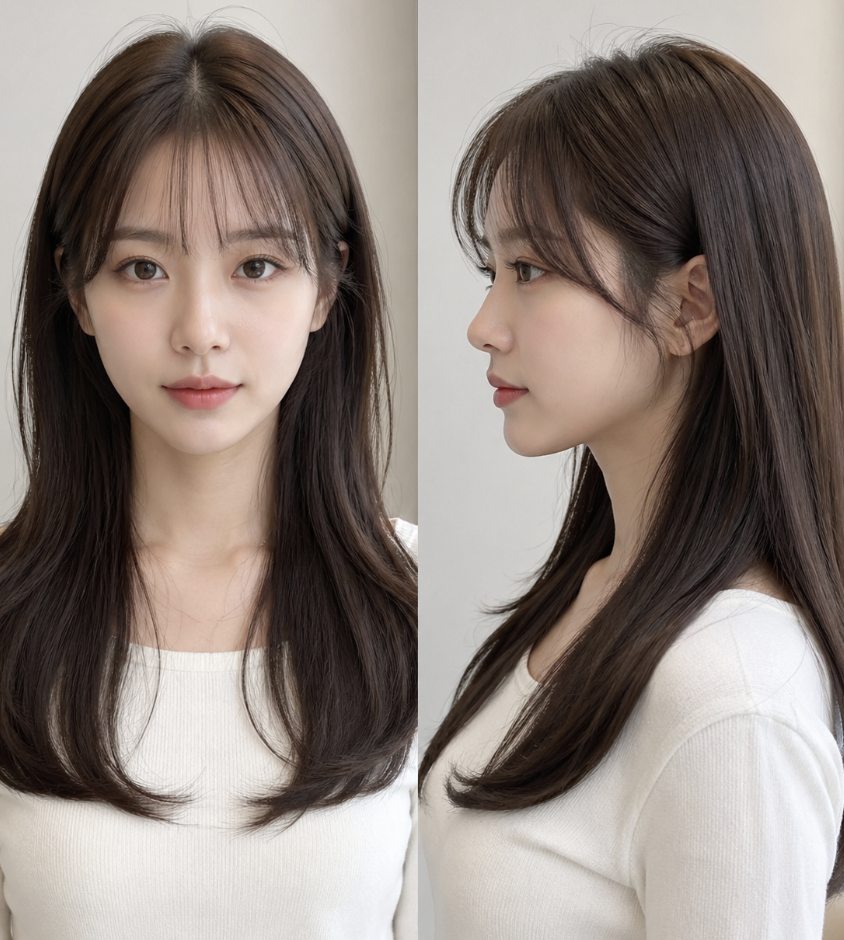 여자 시스루 앞머리 가발과 옆머리가 자연스럽게 연결된 헤어라인