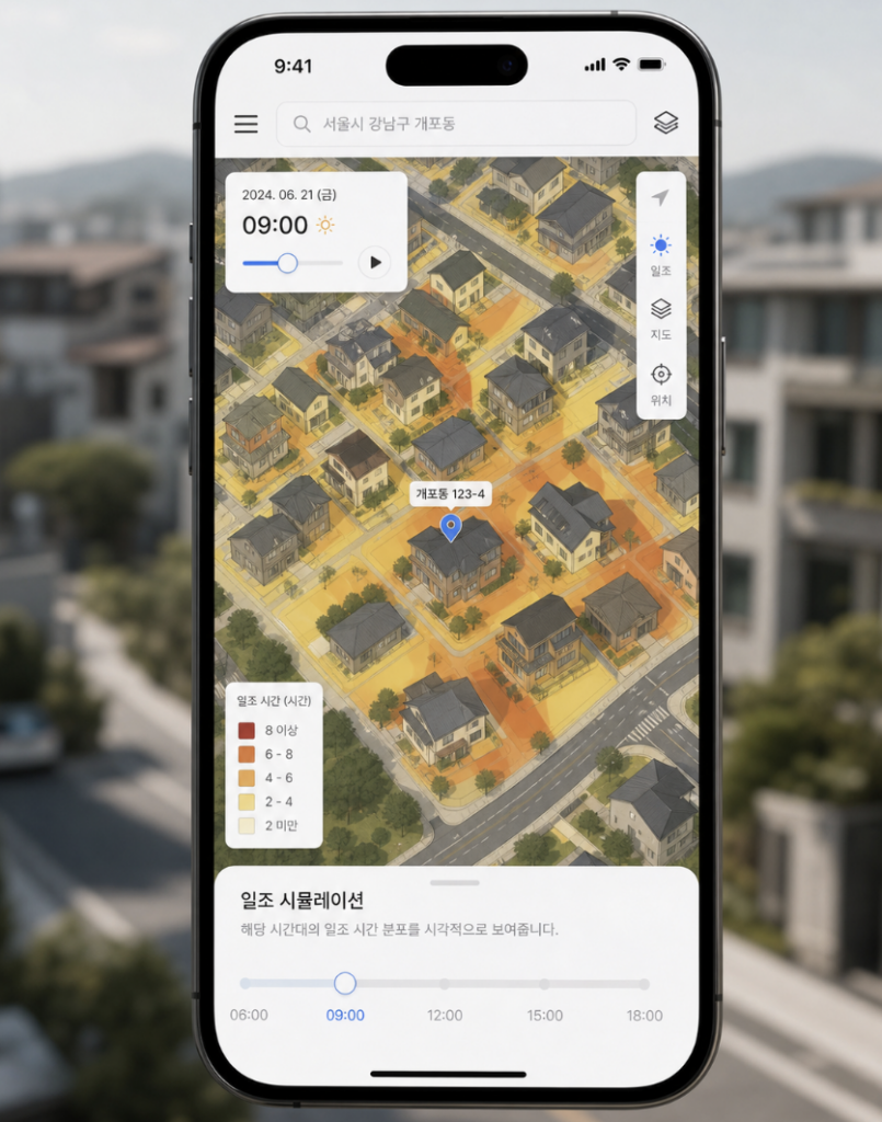 호갱노노 일조량 시뮬레이션처럼 시간대별 그림자가 달라지는 빌라 외관 설명