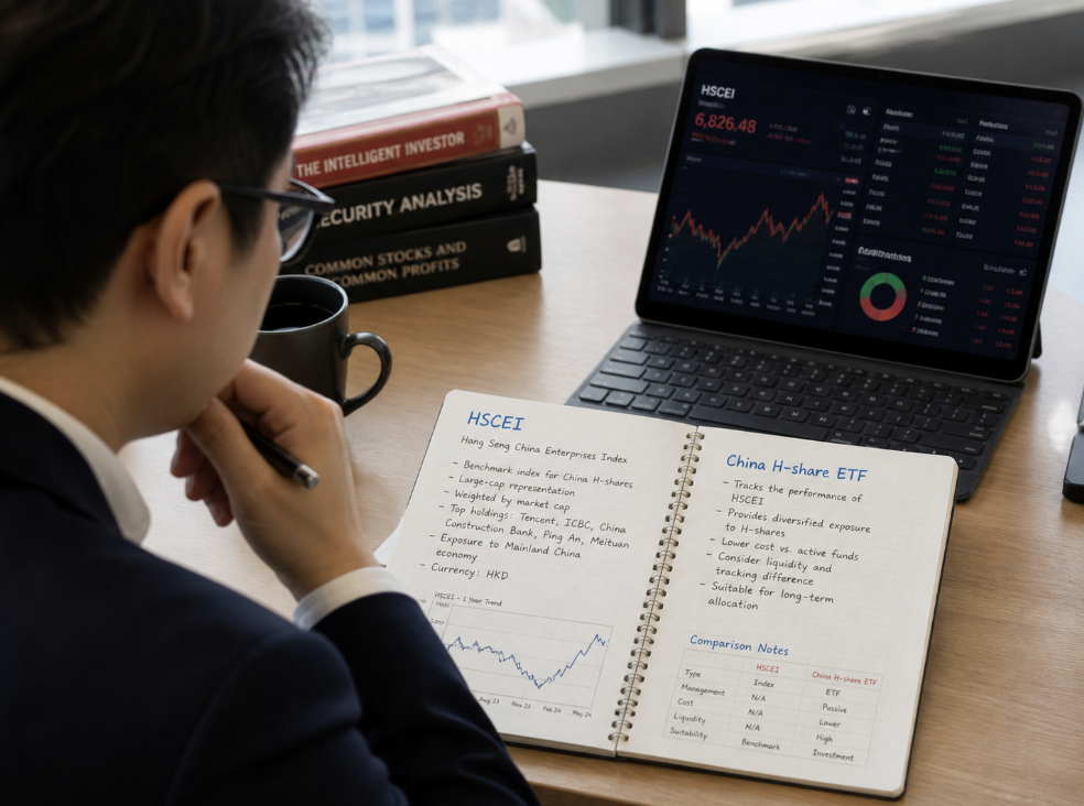 HSCEI 지수와 관련 ETF 가격을 함께 비교하는 금융 화면