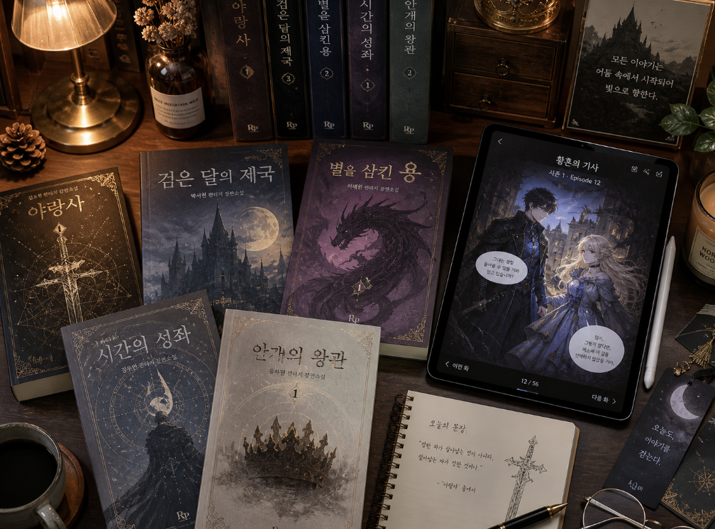 전지적 독자 시점 소설과 웹툰을 함께 놓고 비교하는 독서 장면을 담은 자연스러운 이미지