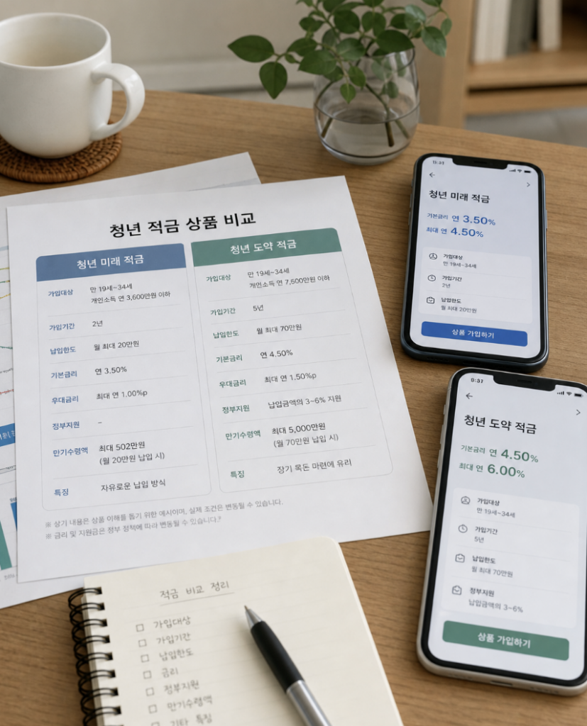 청년희망적금과 청년도약계좌 조건을 나란히 비교하는 서류와 스마트폰 화면