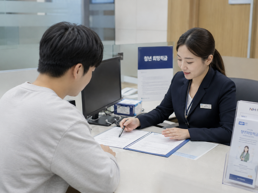 농협 청년도약계좌 해지 상담을 위해 서류를 정리하는 자연스러운 은행 방문