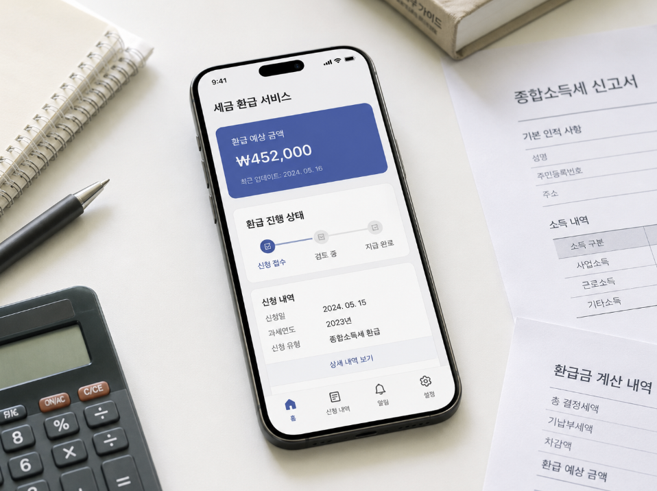 삼쩜삼 환급 기간 확인 화면과 세금 서류를 함께 보기