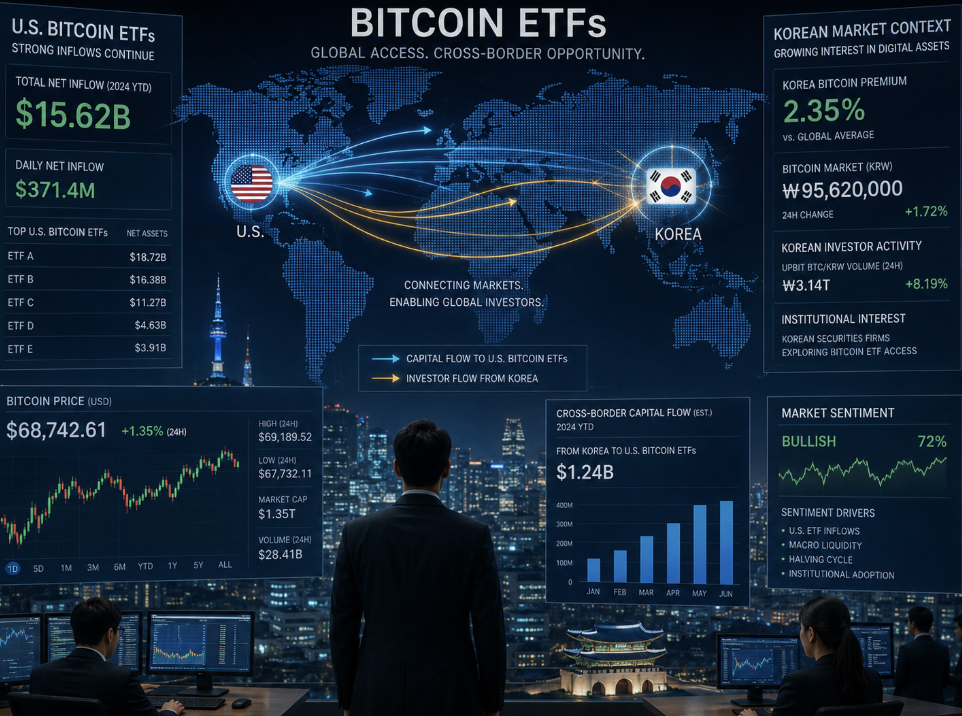 한국 비트코인 ETF 현황과 해외 시장 차이를 보여주는 화면