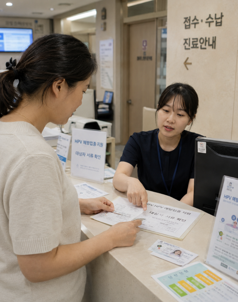 가다실 무료접종 대상 오해를 줄이기 위해 의료진 설명을 듣는 보호자와 청소년