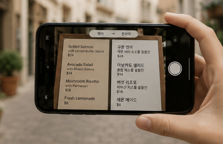 스마트폰으로 영어 안내문을 번역하며 결과를 다시 확인