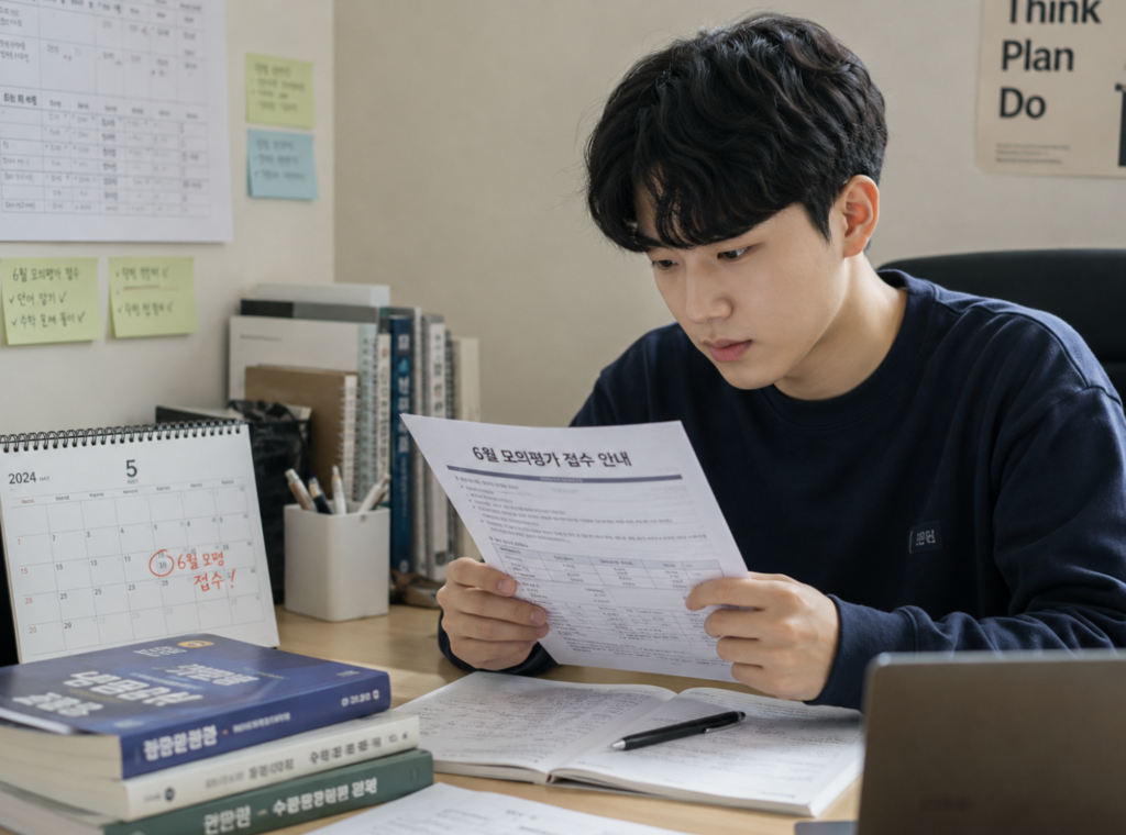 6월 모의고사 신청 기간을 확인하며 달력과 접수 서류를 함께 보는 장면