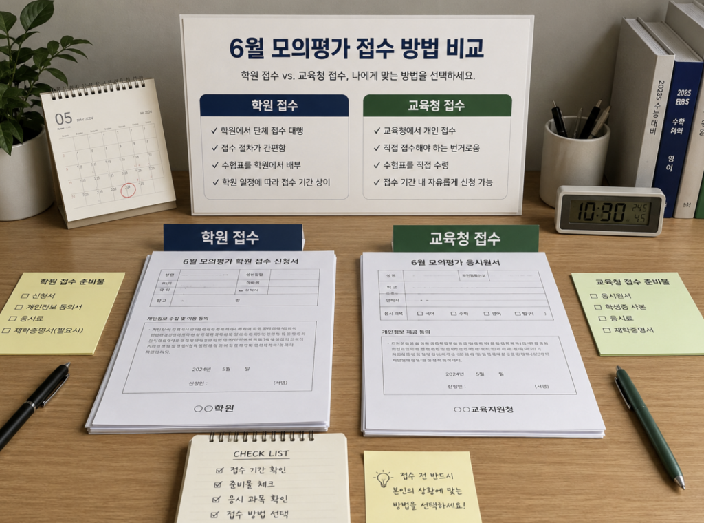 6월 모의고사 접수 학원 정보를 비교하며 위치와 시험 환경을 확인하는 모습
