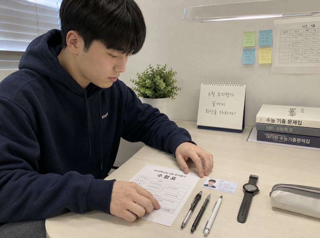 2026 6월 모의고사 신청 준비물과 수험표 체크 항목을 정리해 둔 책상 장면