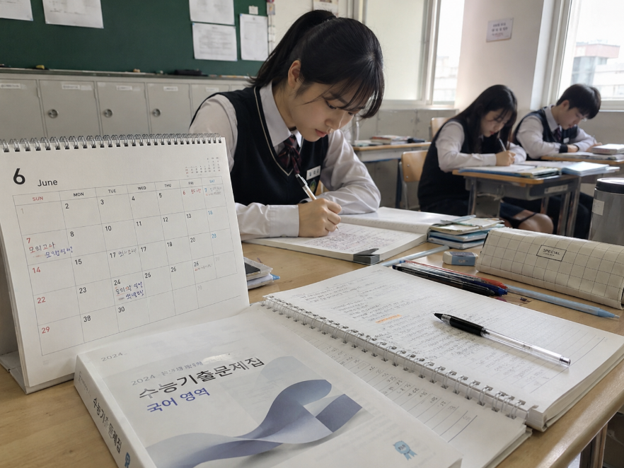 2026 6월 모의고사 일정과 접수 일정을 확인하는 수험생의 책상 모습