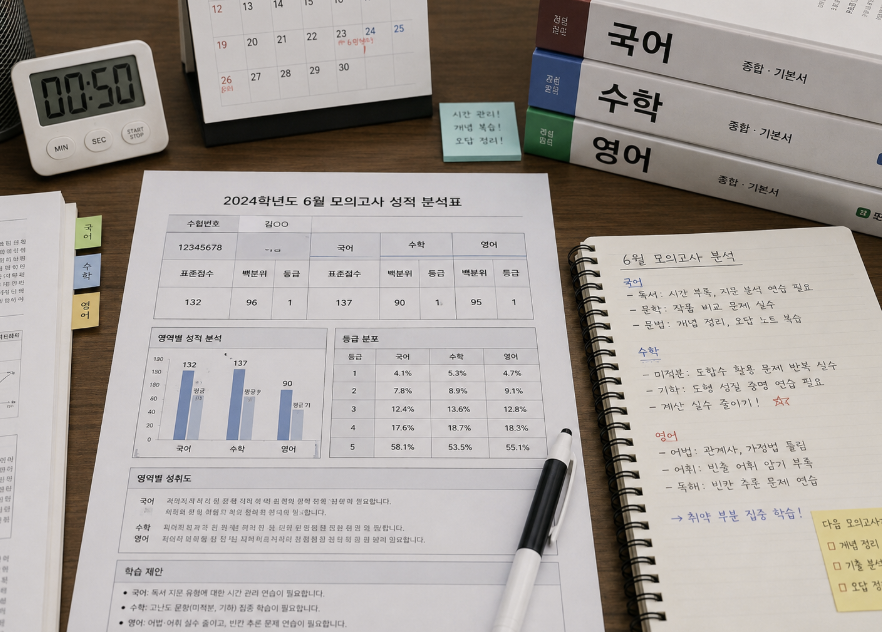 2026 6월 모의고사 국어 등급컷과 독서 문항 분석 자료를 보는 장면