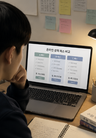 대성마이맥 가격과 패스 구성을 비교하며 메모하는 수험생의 공부 책상 모습